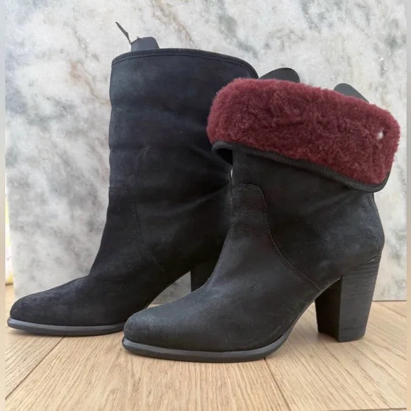 UGG Heeled Ankle Boots Black Suede w/ Shearling | NEW | Size 9 - Picture 2 of 11